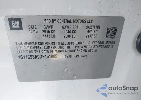 2016 Chevrolet Malibu Limited Lt z USA, uszkodzony, nr VIN 1G11C5SA9GF151885